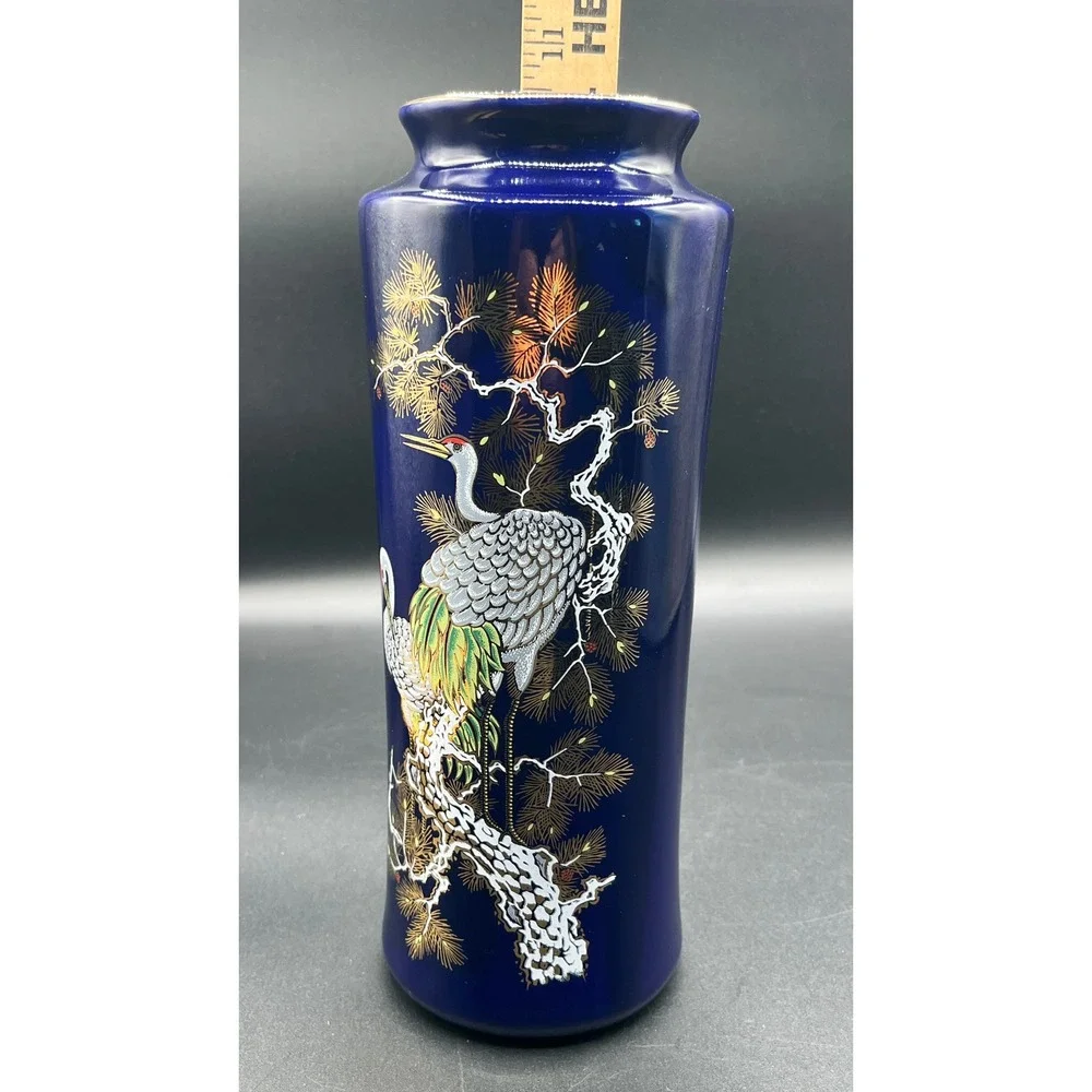 VTG Japanese Cobalt‎ Blue Porcelain Vase Cranes 10.5